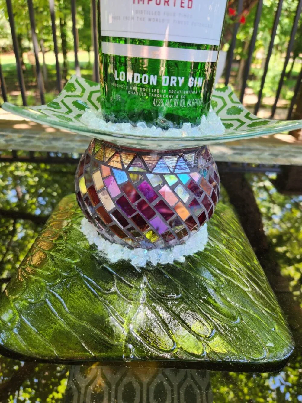 Upcycled Tiki Torch Tanqueray Mosaic Crushed Glass Accents